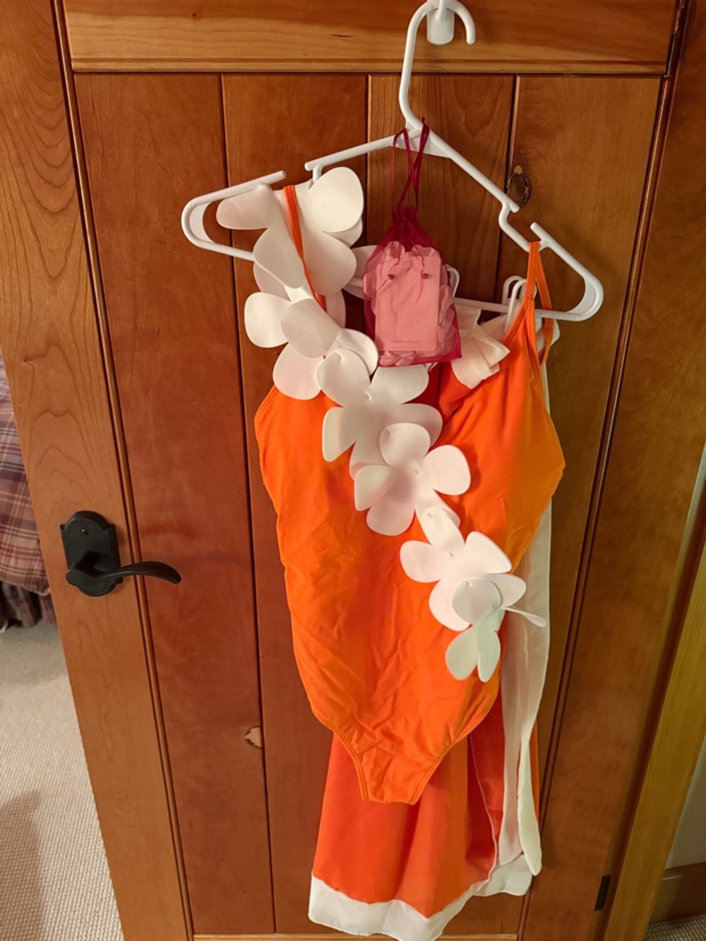 Orange Flower bathing suit, cover up and earrings